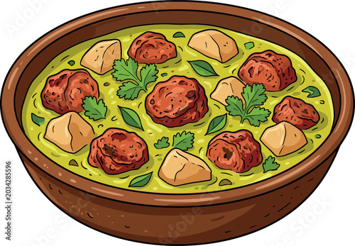 Quadro su tela Meatball soup bowl with potatoes and fresh herbs vector illustration for traditi