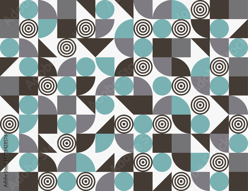 Abstract geometric seamless pattern on white background, minimalist Bauhaus style vector background with concentric circles, triangles and semicircles in turquoise and grey tones. Eps 10