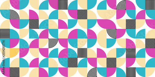 Abstract geometric seamless pattern on white background, minimalist pop art vector background with circular shapes, semicircles and linear accents in pink and turquoise tones. Eps 10