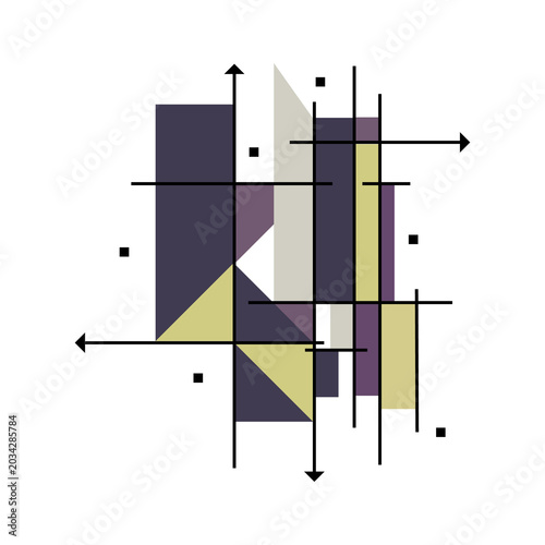 Abstract geometric composition in constructivism and suprematism style, minimalist vector poster with lines, arrows and shapes on white background. Eps 10