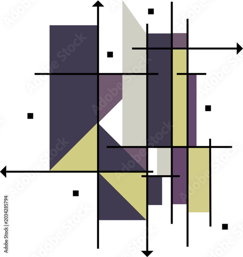 Fényképezés Abstract geometric composition in constructivism and suprematism style, minimalist vector poster with lines, arrows and shapes on white background