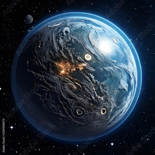 Illuminated alien world with craters & moon