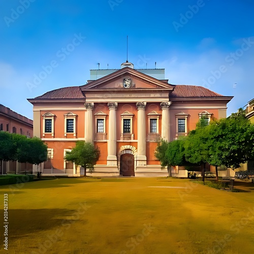 Grand building with columns and green lawn