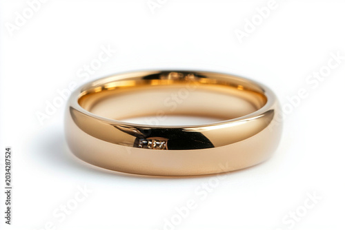 Gold wedding band with diamond detail on white background