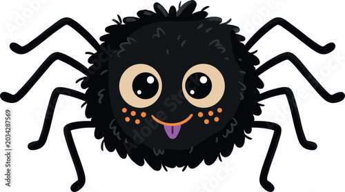 Cute black fluffy spider cartoon vector character illustration with big eyes for Halloween decoration kids party invitation sticker graphic design isolated on white background