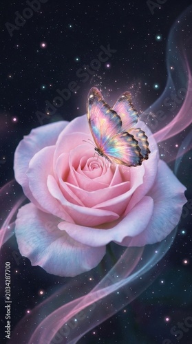 Glowing Butterfly on Pink Rose in Cosmic Galaxy Background for Romantic Fantasy Wall Art Design