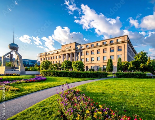 Grand building with manicured garden and sculpture