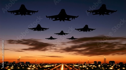 Military aircraft formation flying over city skyline during sunset aerial view dramatic scene aviation concept
