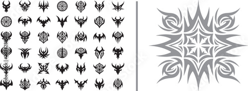 Foto Collection of black tribal icons and symmetrical gothic symbols with sharp edges