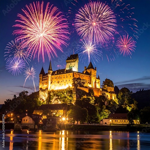 Illuminated castle at night with fireworks above