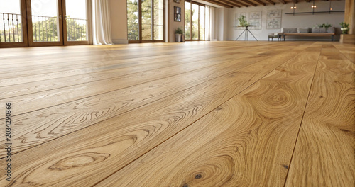 Low angle view of empty room with bright windows and premium light oak parquet wooden flooring