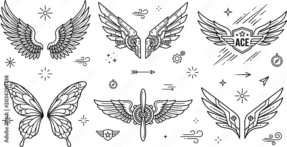 Fototapeta premium Wings vector set with angel mechanical butterfly aviation propeller shield and geometric cyberpunk line art icon design elements