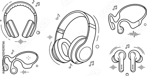 Bild auf Leinwand Wireless headphones and earbuds outline icon set with bone conduction headset mu