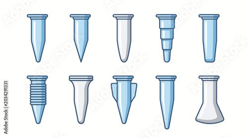 Set of 10 Microcentrifuge Tube Conical Bottom Shapes in Flat Vector Style for Laboratory Research and Scientific Innovation