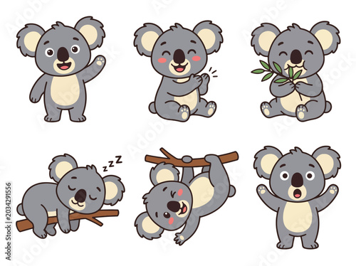 Photography Cute koala cartoon character collection with adorable poses and sleepy expressions