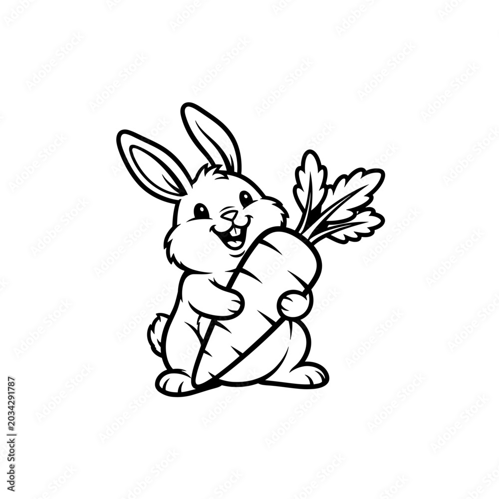 Fototapeta premium Delightful cartoon rabbit with a cheerful expression joyfully embracing a fresh, oversized carrot, perfect for charming springtime designs and wholesome natural themes