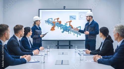 Team of engineers presenting automated factory design to corporate executives in modern conference room. Technical briefing on robotic assembly line implementation for manufacturing optimization.