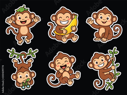 Photography Cute monkey cartoon character collection with funny expressions and playful poses
