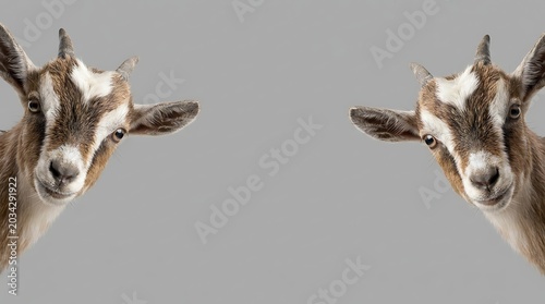 Two curious young goats with distinctive white markings on their foreheads peek from opposite sides of a neutral gray background.