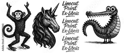 Photography crocodile, dancing monkey, horse, tattoo, print, linocut stamp, ex libris, ink