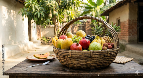 A rustic wicker basket overflowing with a vibrant assortment of fresh tropical fruits, including mangoes, pomegranates, bananas, grapes, and pineapples, placed on a wooden table in a rural village set