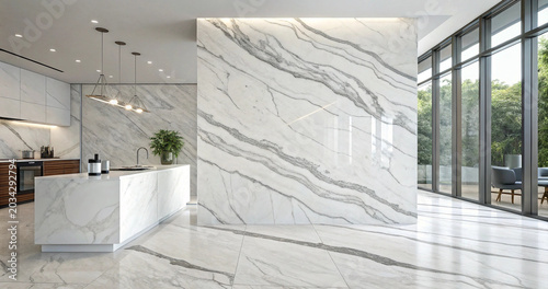 Modern luxury kitchen interior with large white marble accent wall and marble kitchen island. Elegant minimalist open plan kitchen design featuring premium calacatta marble textures