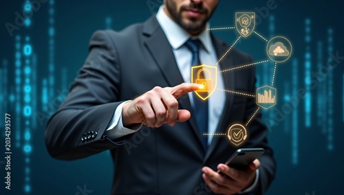 A businessman touches a glowing shield-and-padlock icon, connected to symbols like cloud storage, analytics, and verification marks. 