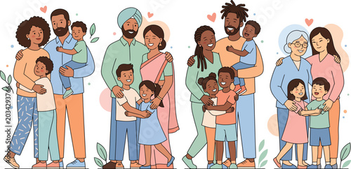 Diverse group of happy families with children standing together in colorful illustration