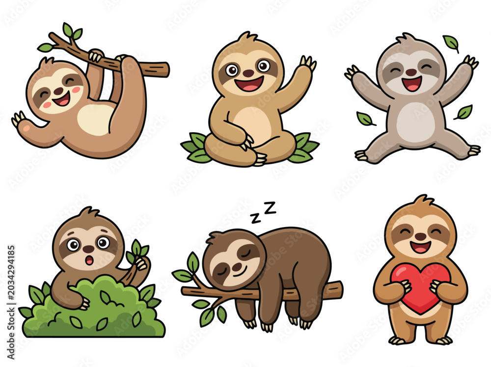 Fototapeta premium Cute sloth cartoon mascot collection with adorable expressions and relaxing poses. Kawaii jungle animal vector sticker set for kids and nursery themes