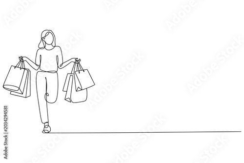 Tableau sur toile Single line drawing of woman holding shopping bags with line art one white backg
