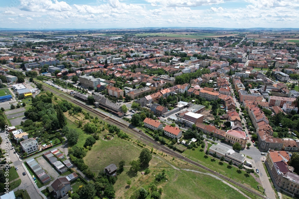 Fototapeta premium Prostejov old town historical city center in aerial panoramic view Moravia Czech republic