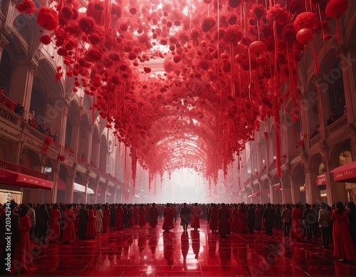Grand hall adorned with cascading red floral display