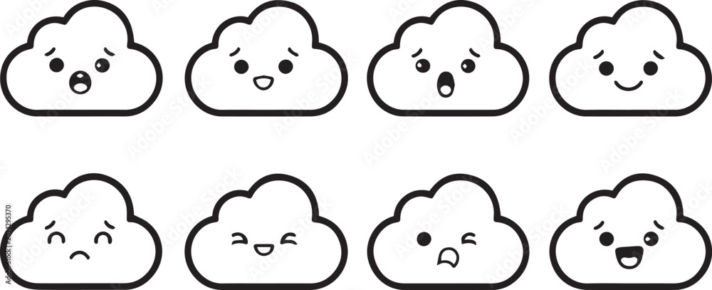 Fototapeta premium Cute Blushing Cloud Emoji Sticker Set, Kawaii Weather Cartoon Expressions Pack, Black and White Line Art Vector Illustration, Funny Food and Sky Mascot Icons Bundle
