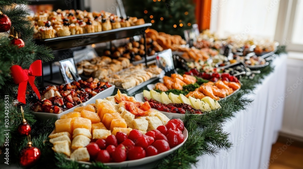 Obraz premium Abundant New Year's Day brunch buffet spread with dynamic angles and elegant design, perfect for a festive gathering.