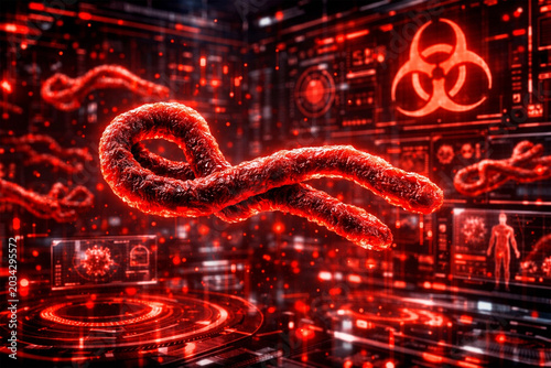 Red ebola like virus particle floating in a dark futuristic scientific laboratory environment with glowing digital displays