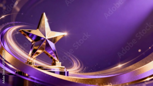 Shiny golden five-pointed star award on glowing purple background with swirling golden light strips representing concept of victory and top achievement