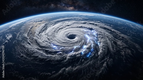 Super El Niño Satellite view of a powerful hurricane with lightning strikes over the Earths atmosphere