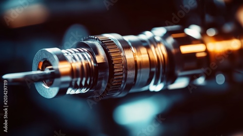 Close-up of precision engineered industrial machinery component with metallic sheen, highlighting advanced manufacturing technology.