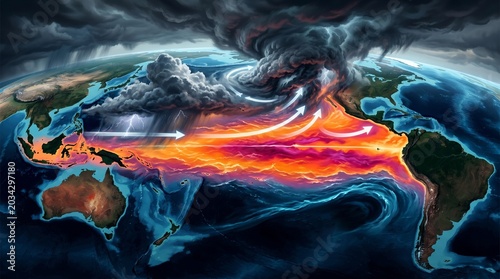 Super El Niño El Nino phenomenon illustration showing ocean currents and weather patterns over the Pacific Ocean