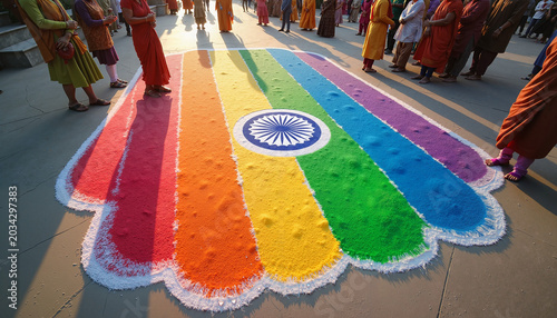 Colorful rangoli pattern celebrating Independence Day, joyful community gathering