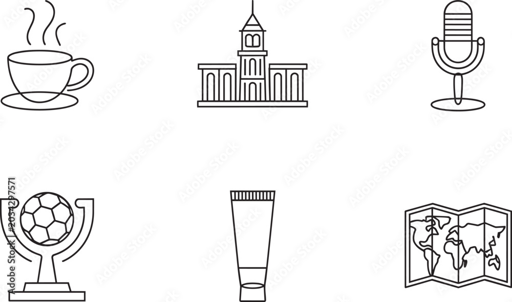 Naklejka premium Icons set coffee cup, building, microphone, trophy, tube and world map in outline style