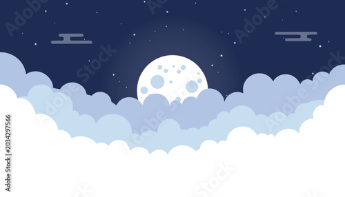 Quadro em tela Full moon night sky vector background with soft layered clouds, stars and calm blue tones, ideal for wallpapers, bedtime posters, storybook covers, greeting cards and dreamy web banners
