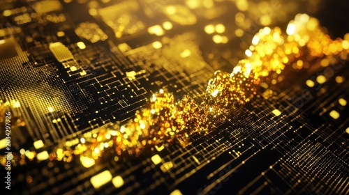 Golden digital circuit board with glowing data streams representing market insights and financial technology