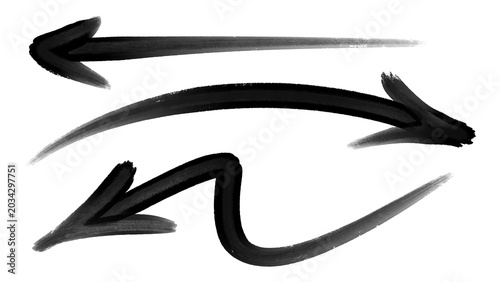 Foto Set of multiple black marker brush stroke arrows showcasing fluid waterbase ink texture details for alternative youth subculture streetwear clothing brand merchandise layout clip art design