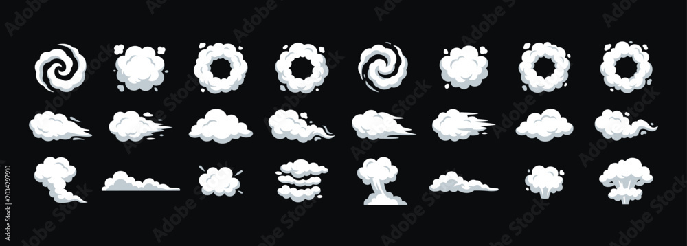 Obraz premium Set of white cartoon cloud, smoke puff and swirl vector elements in varied shapes on dark background, ideal for weather icons, comic effects, animation assets, games and decorative designs.