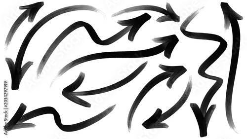 Canvas-taulu Set of multiple black marker brush stroke arrows collection showcasing fluid waterbase ink texture details for alternative youth subculture streetwear apparel merchandise layout clip art