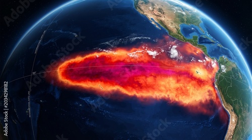Super El Niño Global atmospheric phenomenon over the Pacific Ocean showing a vibrant aurora borealis or australis
