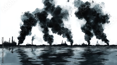 Industrial smoke plumes rising from a cityscape into the sky, reflected in the water below, representing pollution and global warming.