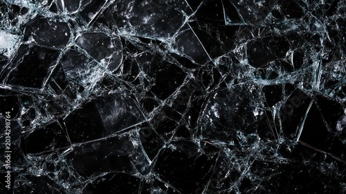 cracked glass object on black background, smashed glass texture, shards of broken glass on black wallpaper