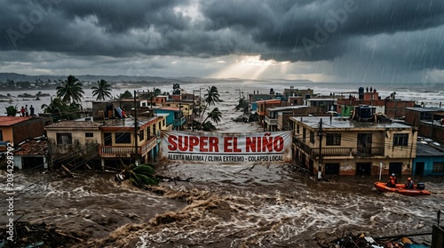 Super El Niño Coastal town flooded by Super El Nino storm with rescue boat navigating debris